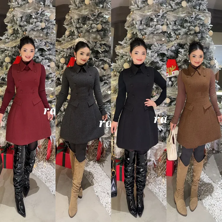 Rayhon秋季新款连衣裙娃娃领针织收腰显瘦气质休闲法式复古简约