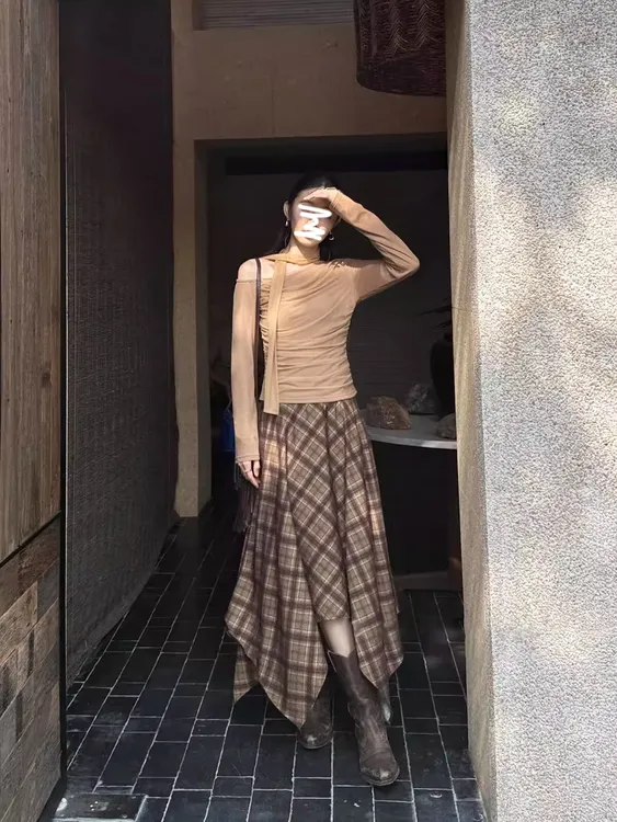 港风复古时髦套装网纱褶皱飘带上衣女秋季不规则格纹半身裙两件套