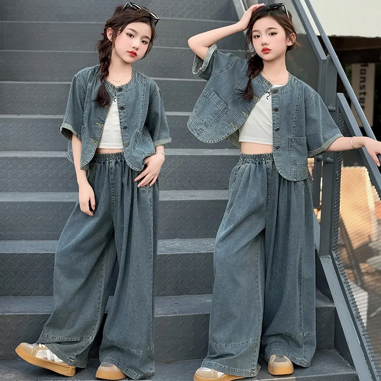 女童夏装牛仔套装2025新款儿童夏季休闲短袖外套薄款阔腿裤两件套