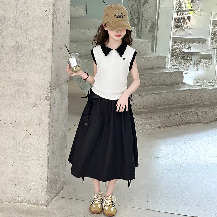 女童夏装套装裙韩范时尚中大童女孩夏季2025新款翻领撞色两件套潮