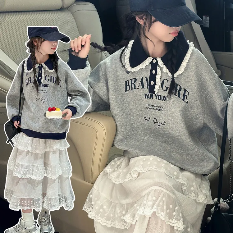 女大童秋装卫衣2025新款韩系中大童时髦宽松polo卡通上衣