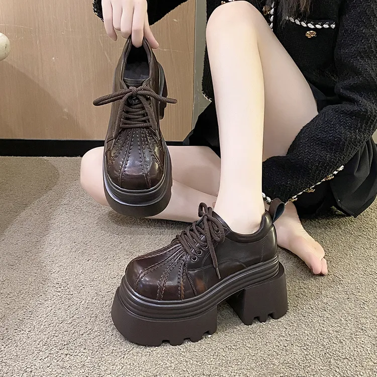 粗跟高跟乐福鞋女2025新款春秋配裙子小皮鞋厚底复古百搭坡跟单鞋