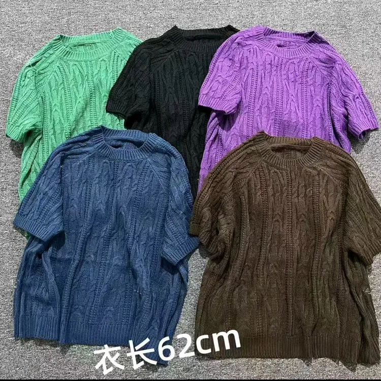 针织半袖女圆领提花简约百搭毛针织衫毛衣纯色套头宽松