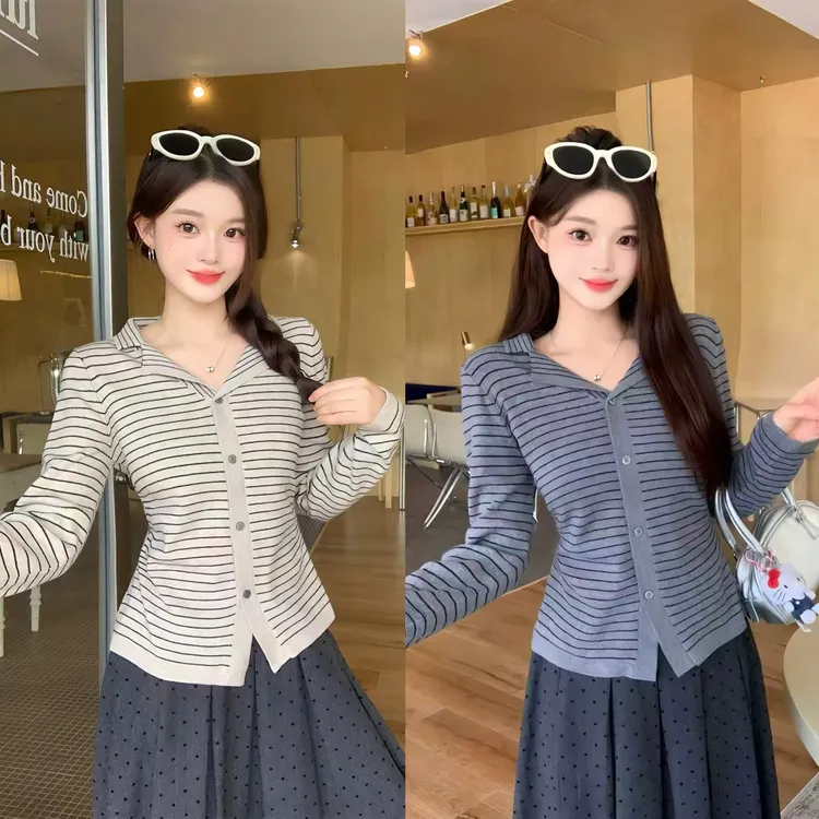 2025秋季新款胖mm大码韩系条纹长袖T恤修身收腰显瘦上衣68680