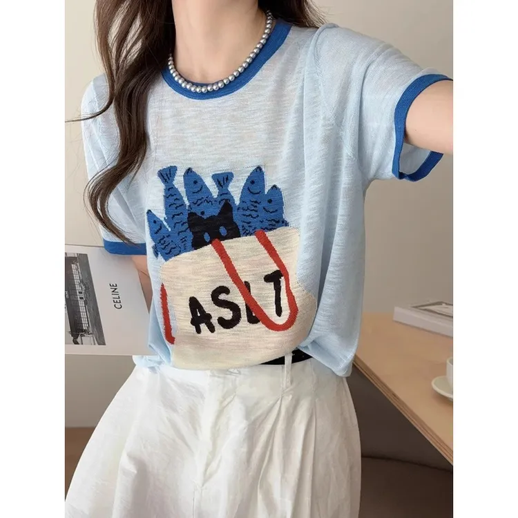 竹节麻蓝色卡通薄款冰丝短袖T恤韩系超好看独特漂亮上衣2025夏季