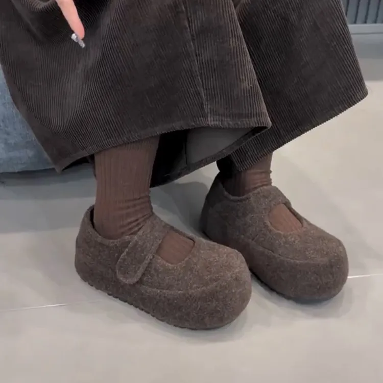 毛呢一字带玛丽珍鞋女鞋2025新款厚底内增高5cm加绒魔术贴棉瓢鞋