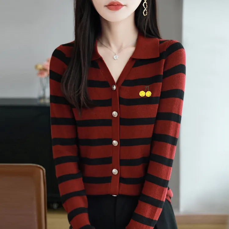 正品哥弟新款羊毛开衫时髦女装2025洋气秋冬V领条纹显瘦针织毛衣