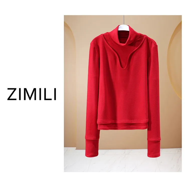 【亮哥欧货女装】冬季高领加绒德绒《胭脂红》高弹显瘦打底上衣260129