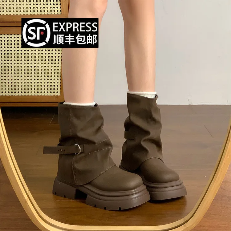 美拉德短筒马丁靴女2025秋冬季新款棕色英伦风复古圆头厚底裤管靴
