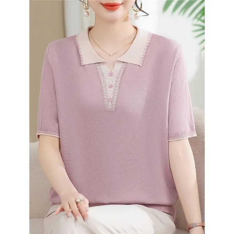 时尚妈妈夏季冰丝短袖T恤翻领小衫新款中老年女装薄款上衣母亲节