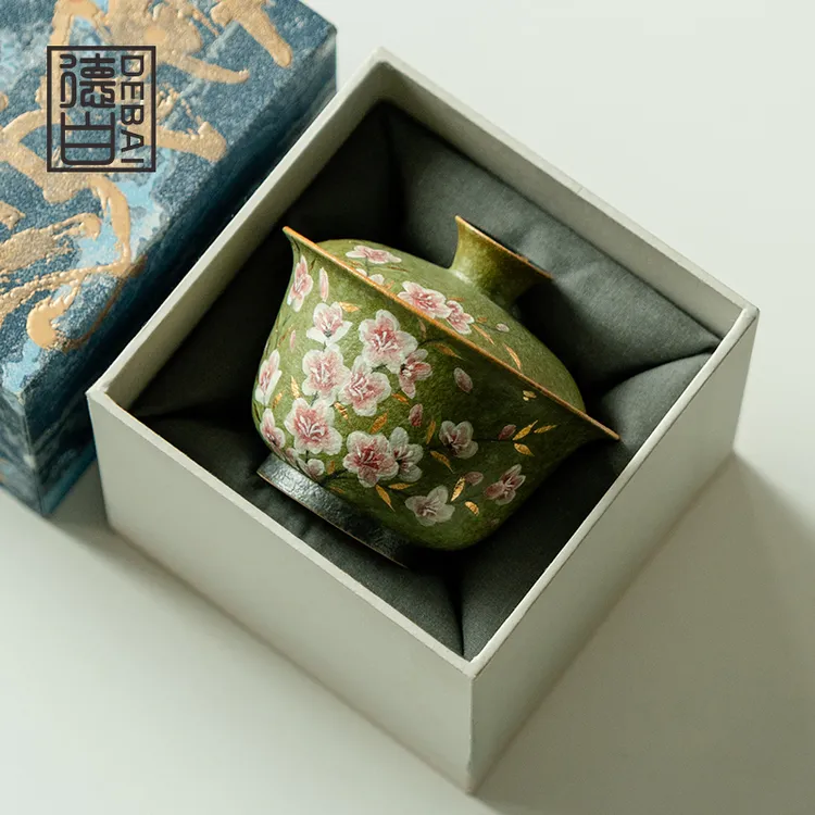 德白陶瓷泡茶器青橘纯手绘梅花二才盖碗茶杯功夫茶具新中式泡茶碗