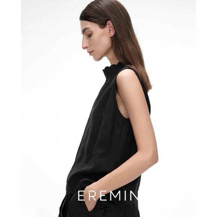 DE Mincollection亚麻花边马甲/小立花瓣领口全亚麻无袖背心55564