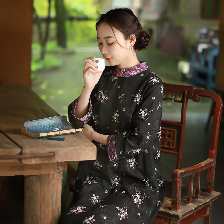 新中式国风棉麻印花改良旗袍裙夏季新品古典盘扣立领斜襟连衣裙