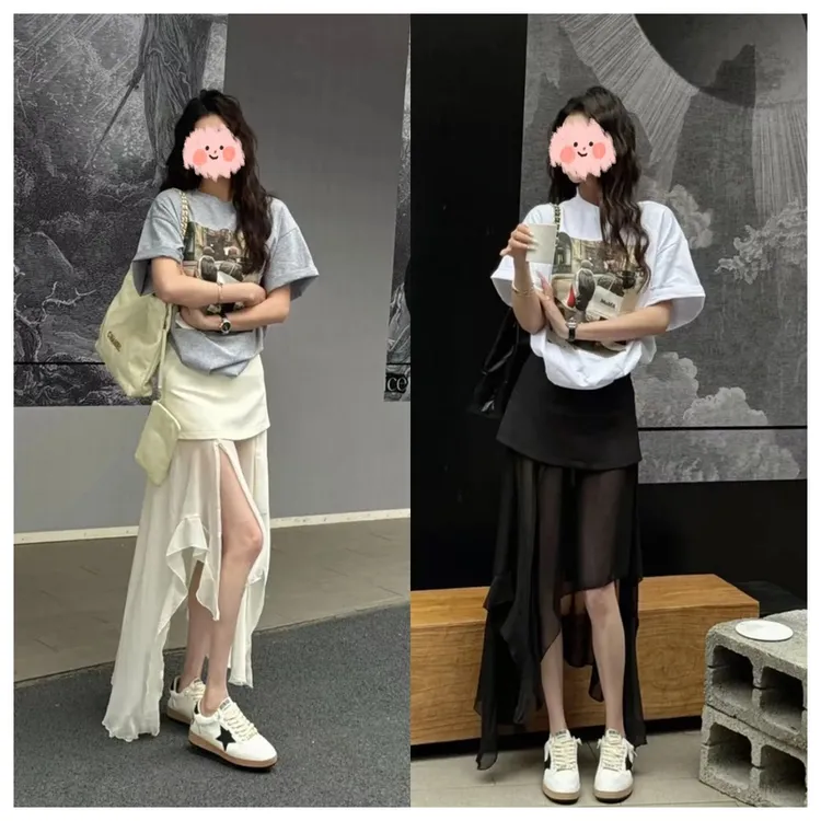 韩系辣妹时尚套装女百搭圆领印花短袖T恤高腰西装半裙拼接款裙子