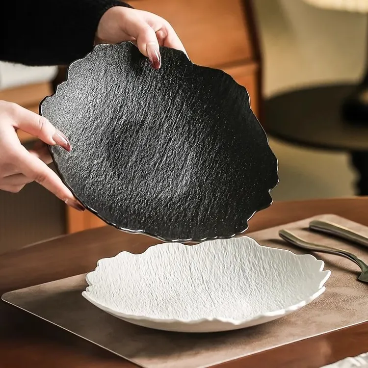 日式石纹深盘水果盘陶瓷盘子高级家用创意汤盘菜盘不规则沙拉餐具