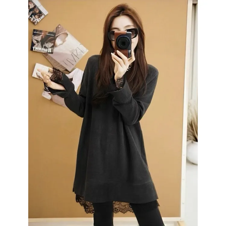 中长款蕾丝花边拼接双面德绒T恤女冬季遮屁股洋气显瘦打底衫上衣