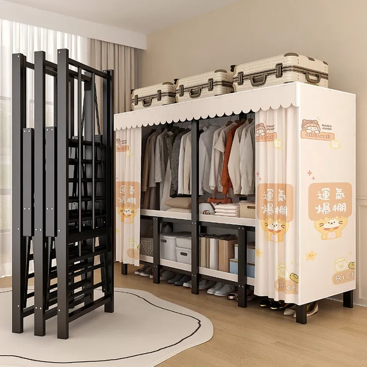 可折叠免安装金属简易布衣柜出租房家用卧室收纳柜货架式衣橱加固