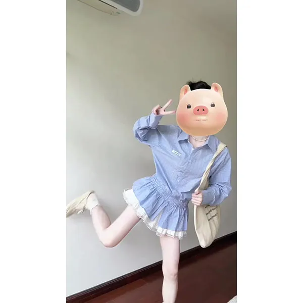 法式气质浅蓝色轻薄款长袖衬衫女独特漂亮掐腰小衫上衣短裙套装