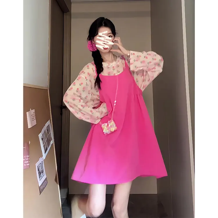 2025夏季新款女韩系穿搭薄款长袖碎花上衣气质收腰显瘦吊带连衣裙