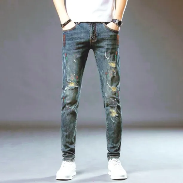 秋冬爆款1367男士假手绘涂鸦破洞弹力修身小直筒潮流牛仔长裤