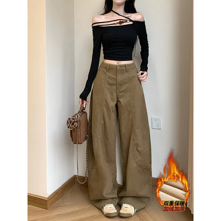 卡其弯刀垂感阔腿裤女2025冬季新款加绒高腰宽松显瘦休闲拖地长裤