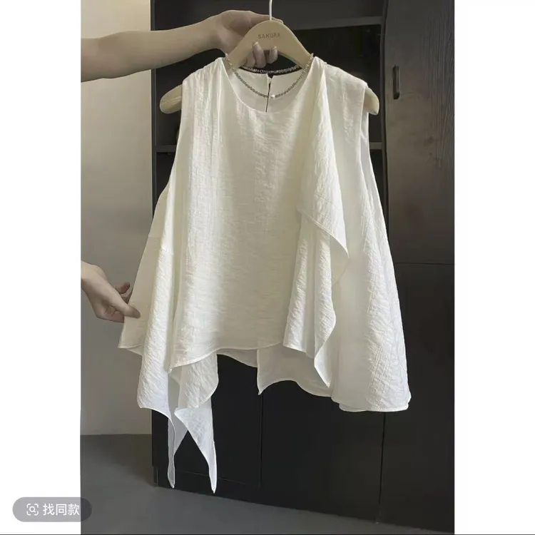 璎婲小众不规则荷叶边飘带甜美无袖衬衫