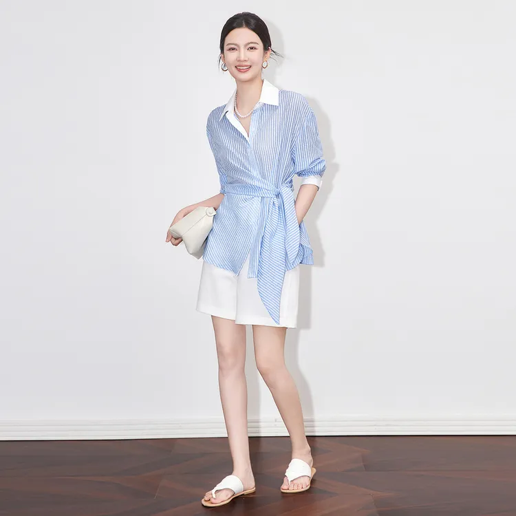 -设计感轻奢重工烫钻条纹天丝混纺收腰衬衫南油女夏款上衣