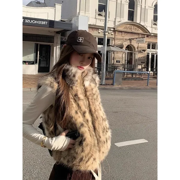 美式复古时尚立领渐变豹纹马甲女秋冬季新款软糯高级感皮草外套潮