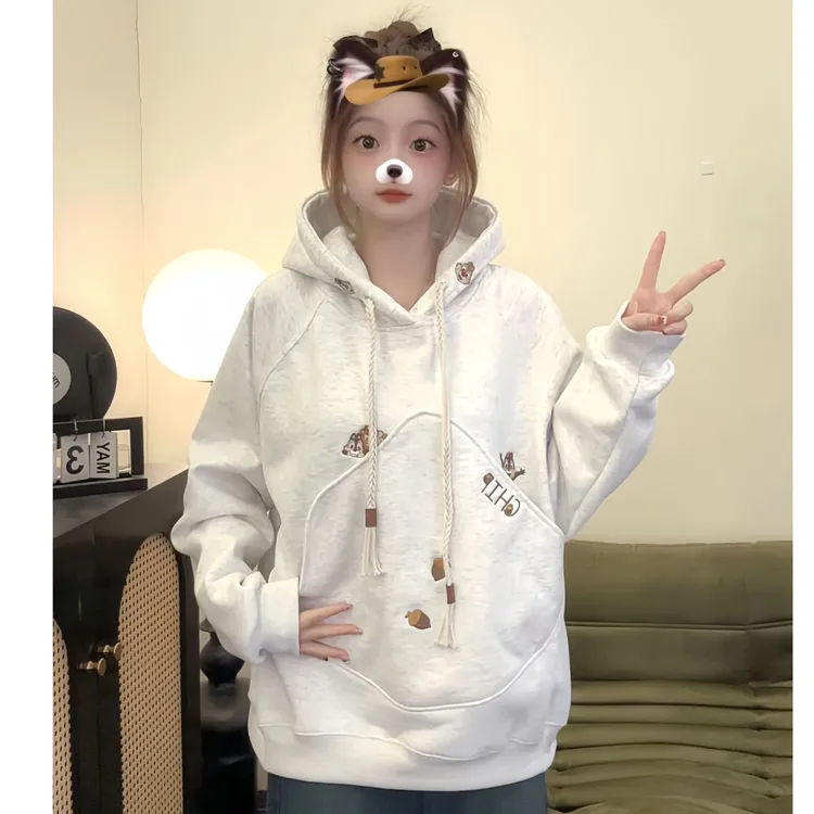 【帝韵】新款奇奇蒂蒂卫衣刺绣连帽外套女春秋宽松加绒加厚百搭上衣