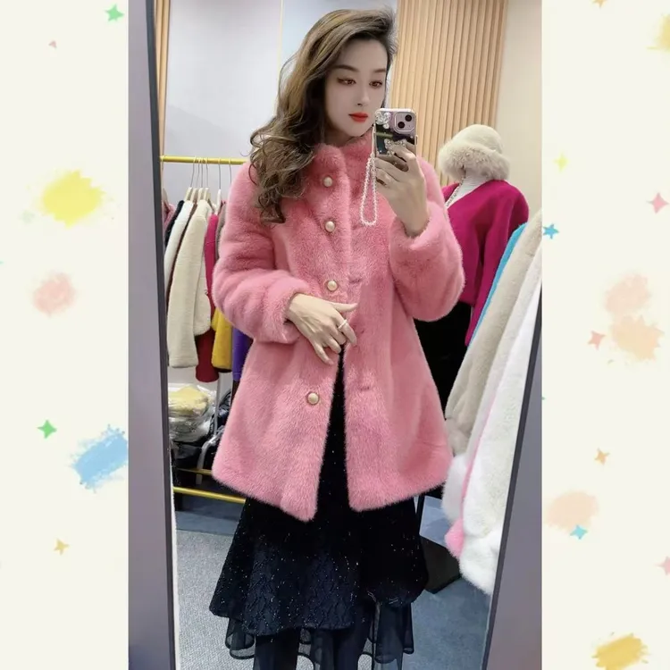 立领欧貂绒中长款冬季外套轻奢气质大衣女宽松百搭珍珠扣（2）时尚