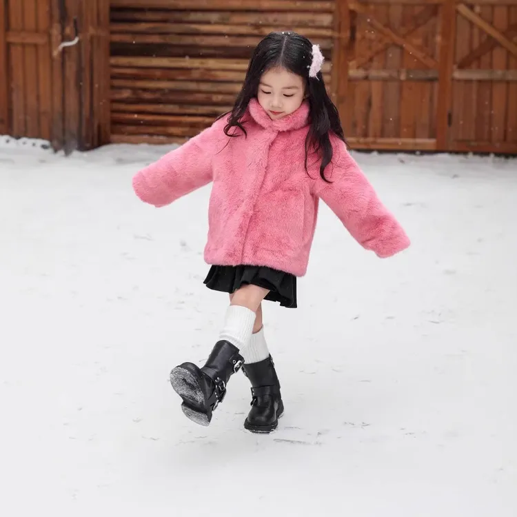 女童皮毛一体仿水貂绒环保皮草外套立领女童加厚短款儿童毛毛冬装