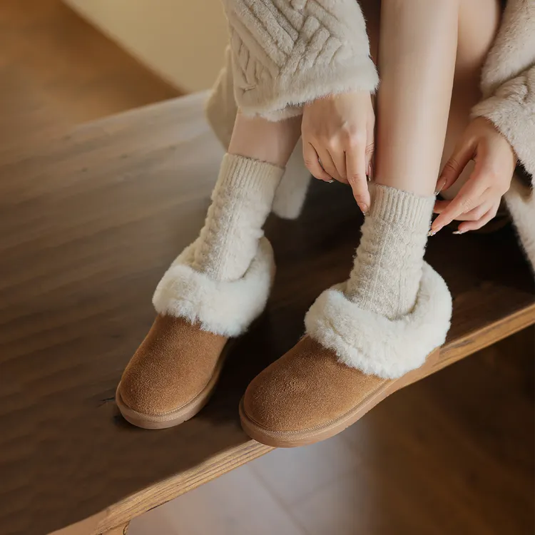 全牛皮萧老师的手工女鞋真皮雪地靴加厚加毛2025新款毛毛鞋2.5CM