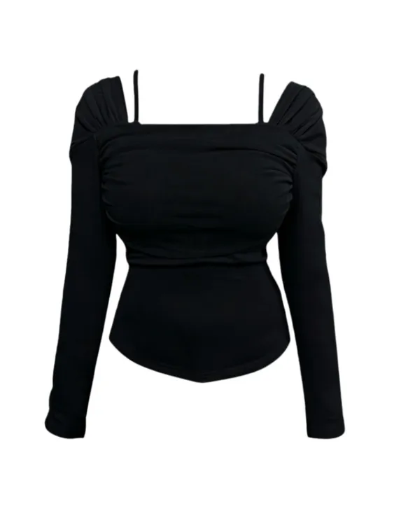 Amy家大码胖mm纯欲风性感露肩网纱拼接长袖一字肩T恤打底衫上衣女