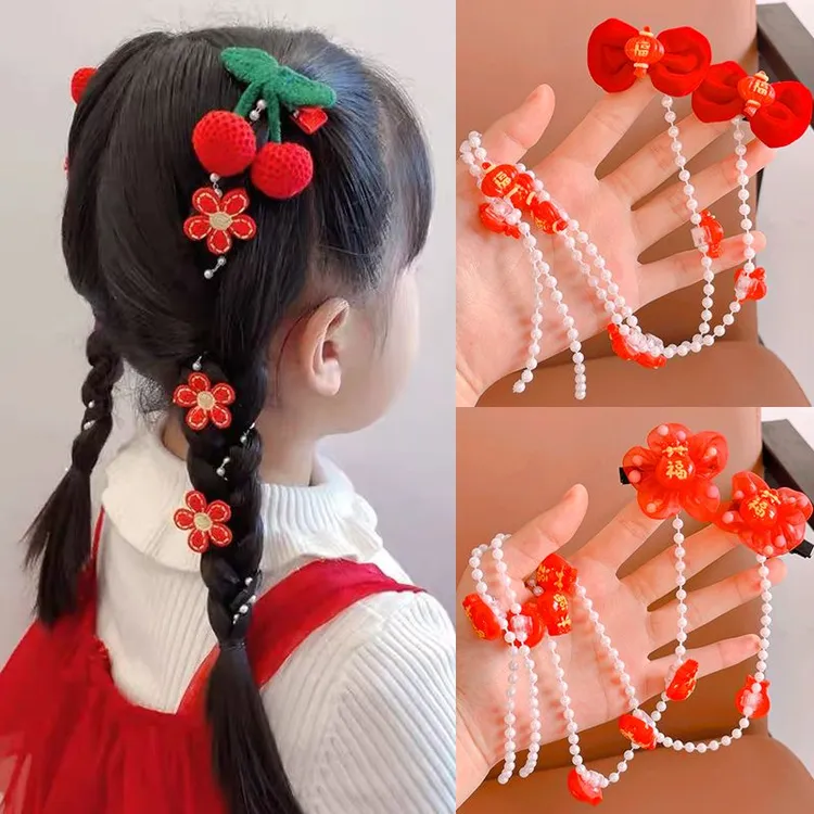 2025新年元旦儿童发夹红色喜庆编发链小女孩春节拜年过年头饰发卡