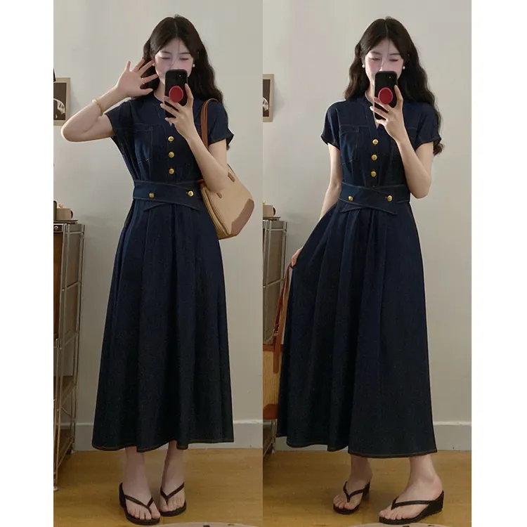 大码2025夏季新款胖MM高级感V领收腰显瘦气质通勤牛仔连衣裙长裙