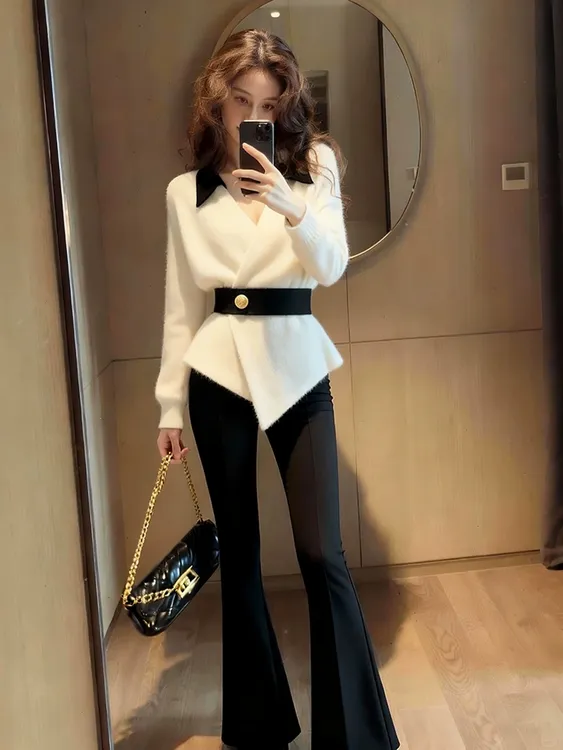 SS5294轻奢高级感气质时尚洋气时髦设计感小众白色上衣喇叭裤套装