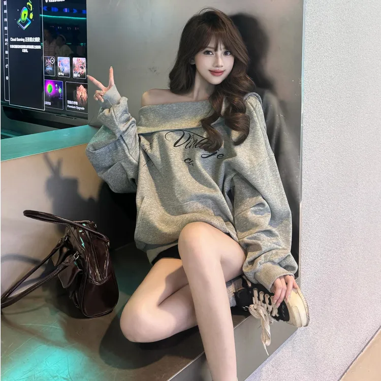 美式复古印花连帽长袖卫衣女冬季宽松慵懒设计感灰色百搭套头上衣