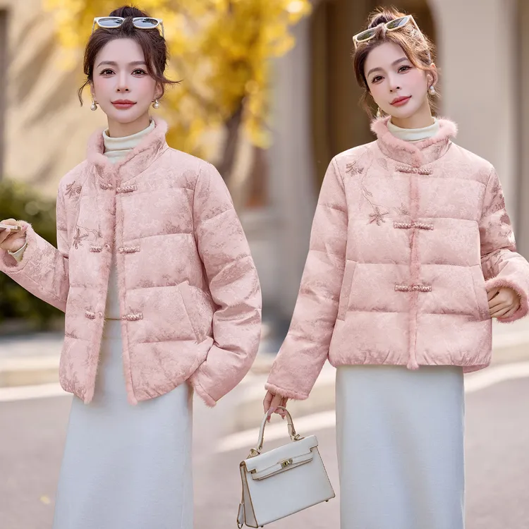 新中式国风刺绣提花羽绒服女2025冬季新款水貂毛拼接白鹅绒短外套