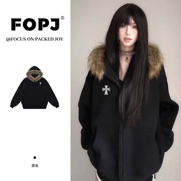 FOPJ冬季新款保暖棉服外套女加绒加厚毛领棉衣美式复古时尚感上衣