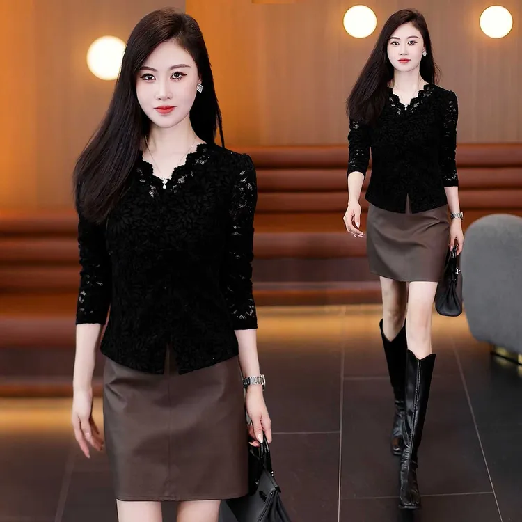 秋冬加绒V领长袖蕾丝衫女2025秋冬新款修身显瘦气质减龄打底衫潮