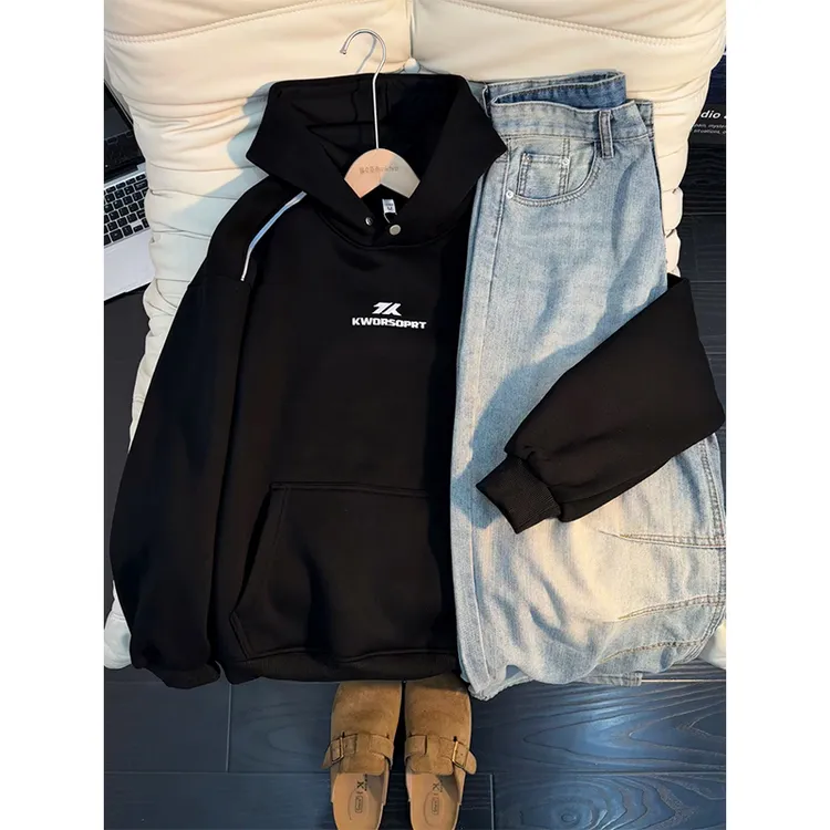 黑色重磅刺绣卫衣男款秋冬季潮牌加绒加厚连帽美式复古外套情侣装