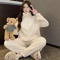 【运费补贴】新款立领拉链防风家居服套装可外穿法兰绒睡衣束口保暖