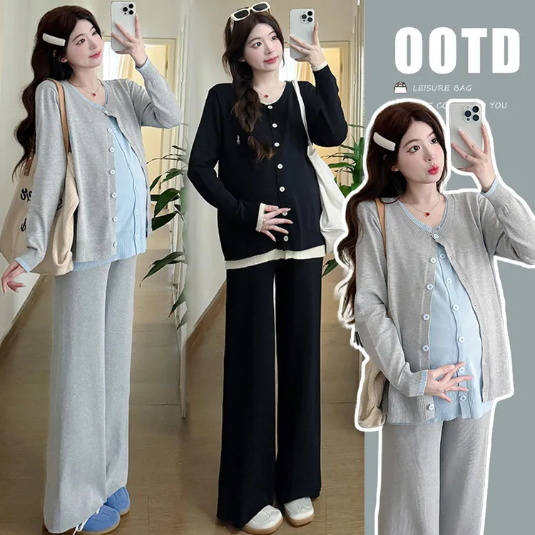 2025春季孕妇装时尚显瘦休闲宽松刺绣撞色圆领针织两件套孕妇衣服