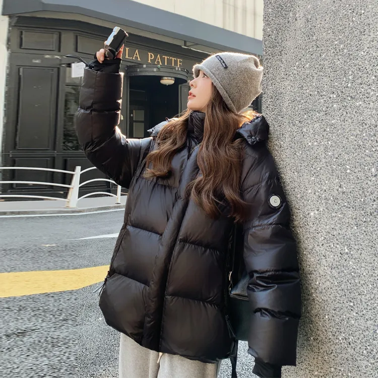 黑色银标白鹅绒羽绒服2025冬季新款韩系ins学院风保暖加厚面包服