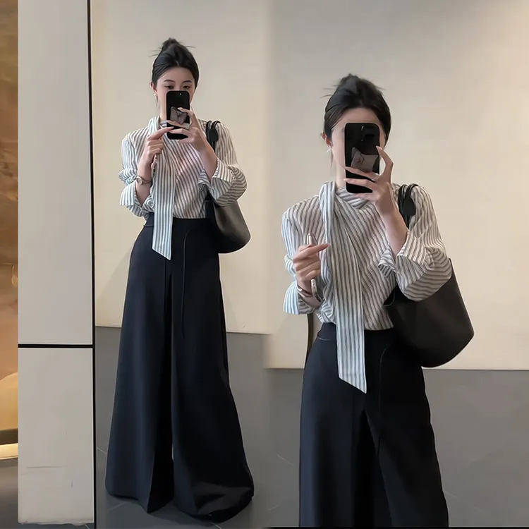 2026春装新款黑白条纹侧系带条纹衬衫搭黑西裤两件套时尚设计感