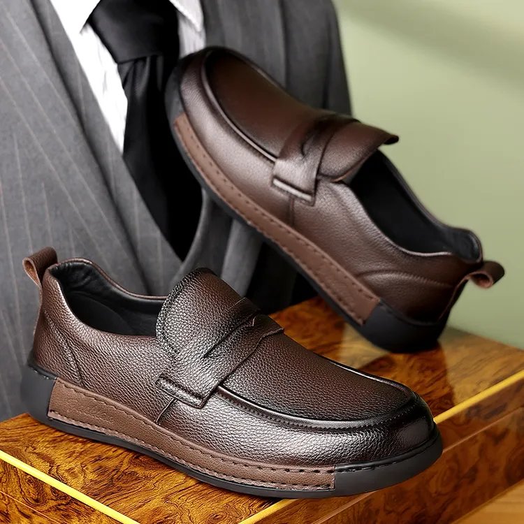 全掌头层牛皮一脚蹬男鞋驾车鞋豆豆鞋四季休闲皮鞋乐福鞋套脚系带