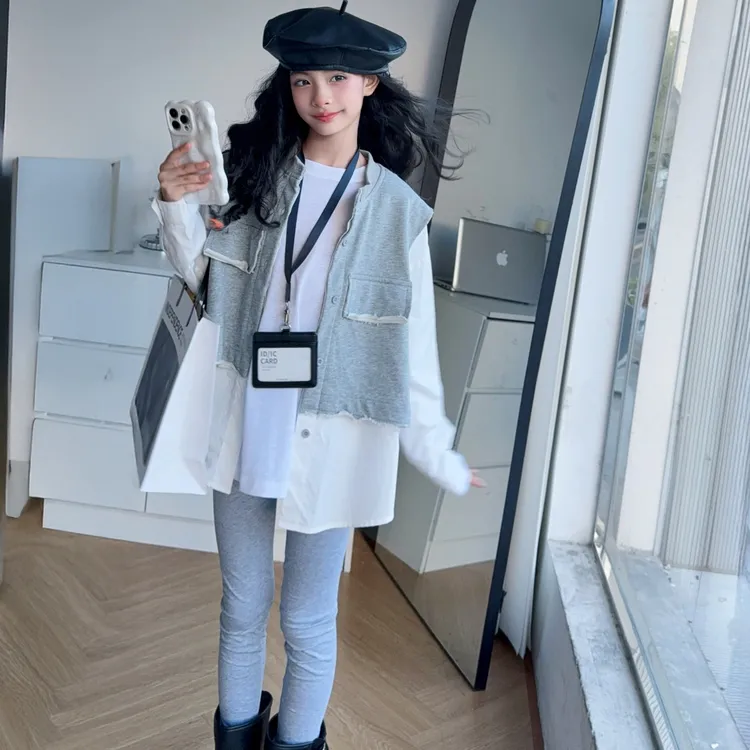 女童衬衫外套2025新款秋季假两件拼接款中大童儿童韩版洋气外套潮