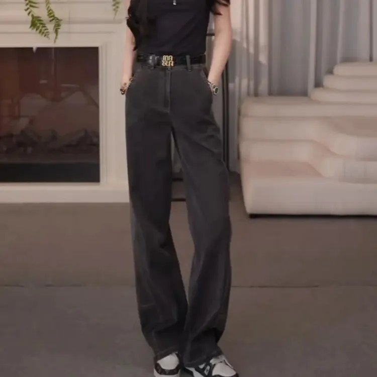 阿玛施AMASS 新款高腰窄版显瘦造型休闲百搭水洗牛仔长裤女510032