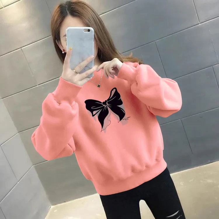 上衣百搭韩系慵懒印花宽松休闲小众减龄ins女士圆领卫衣秋冬季