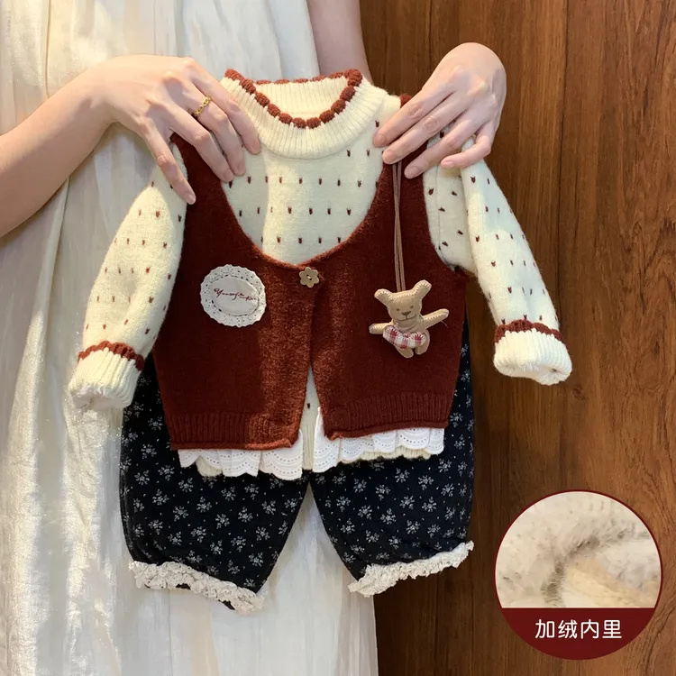 小沐沐女童一体绒毛衣加厚2025新款小童女宝宝洋气加绒长裤两件套